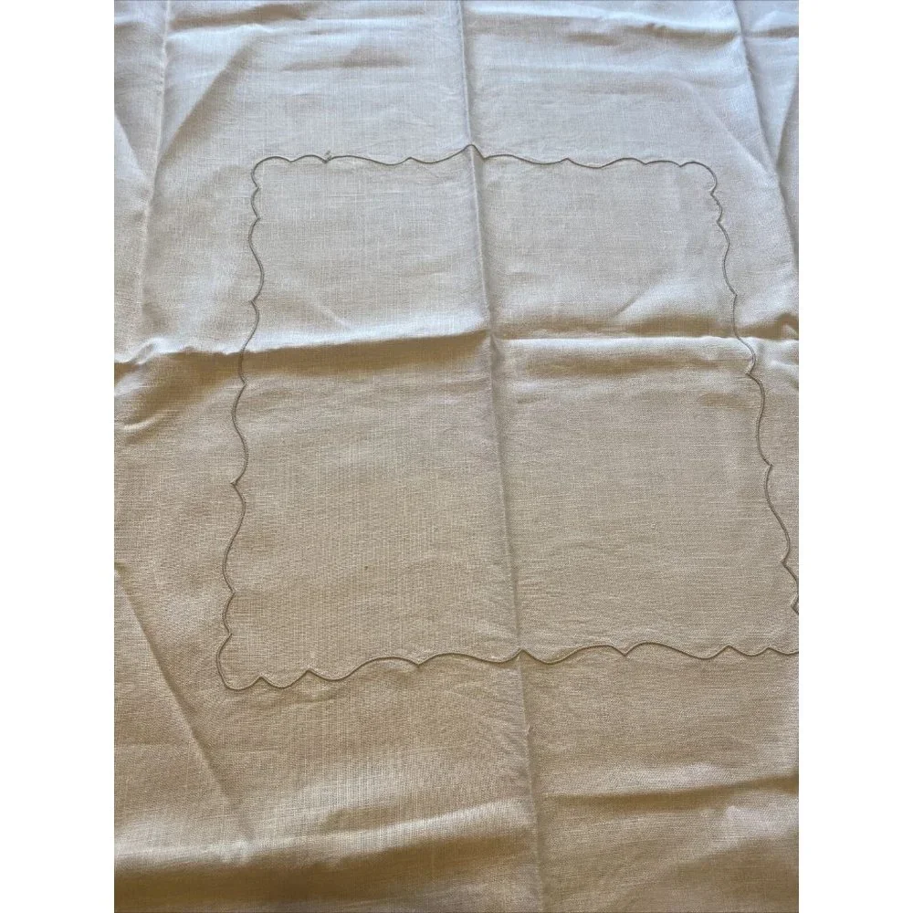 Vintage Table Cloth Linen Ivory Beige Embroidered Square 42